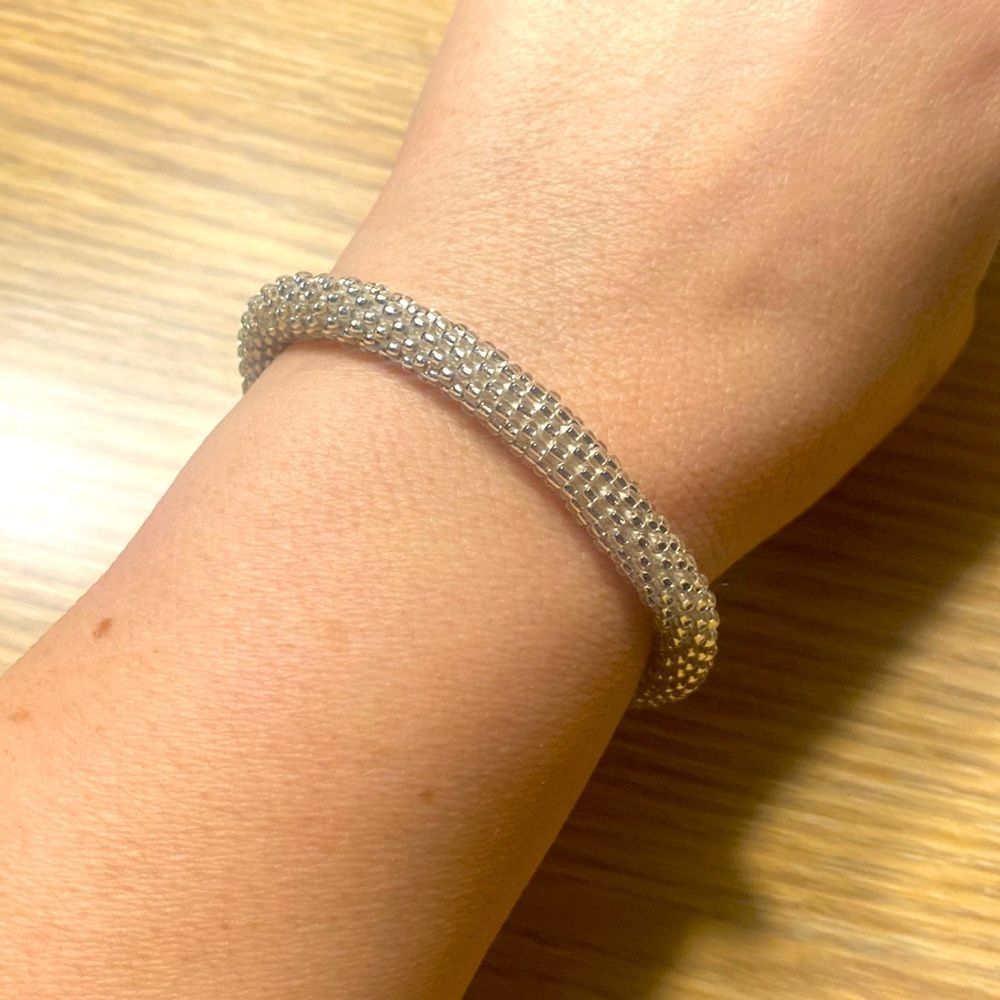 Vintage silver tone mesh metal pave bangle bracelet